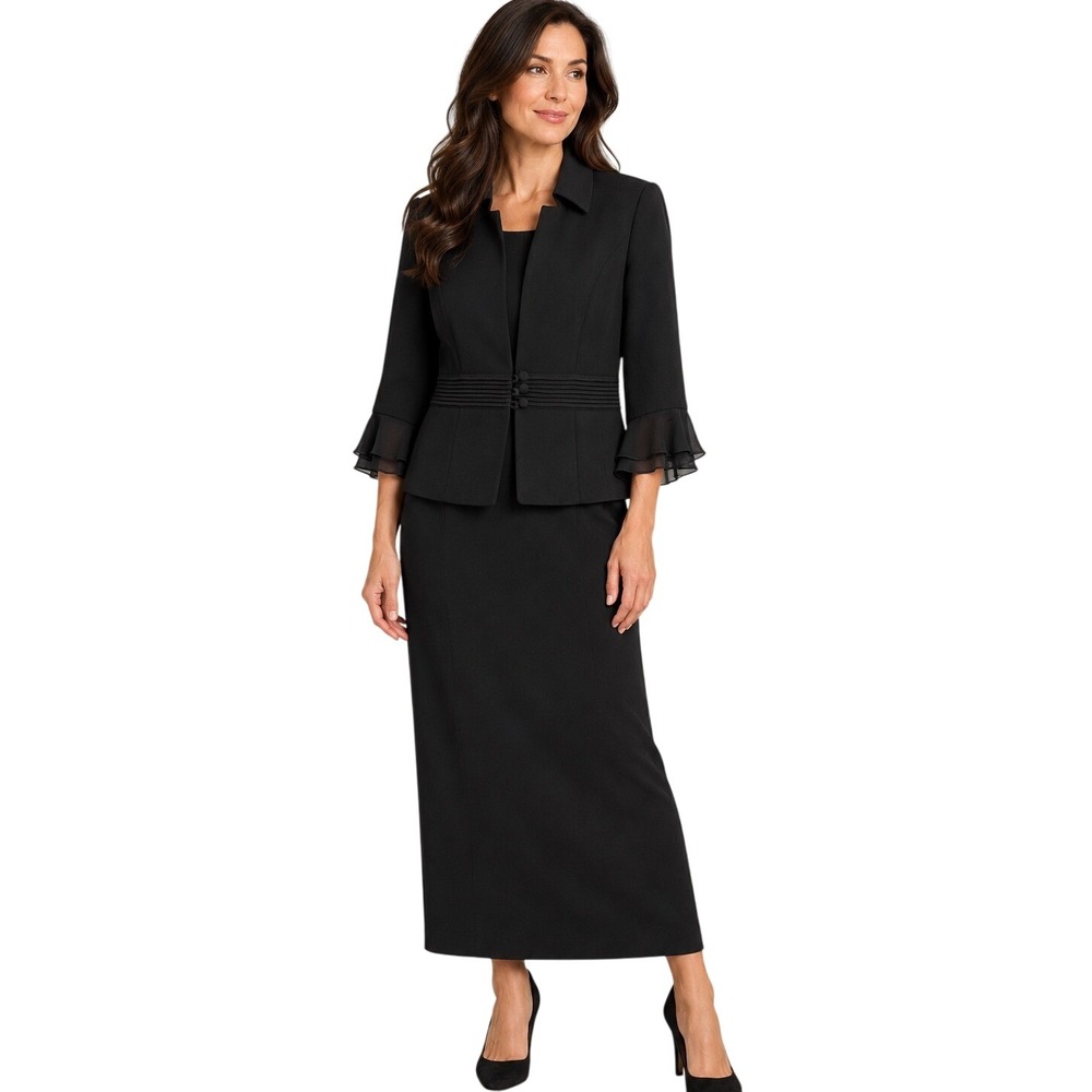 Jessica Howard Petite Black 2 Piece Dress Suit Set Ruffle Cuff Maxi Sz 8P Formal
